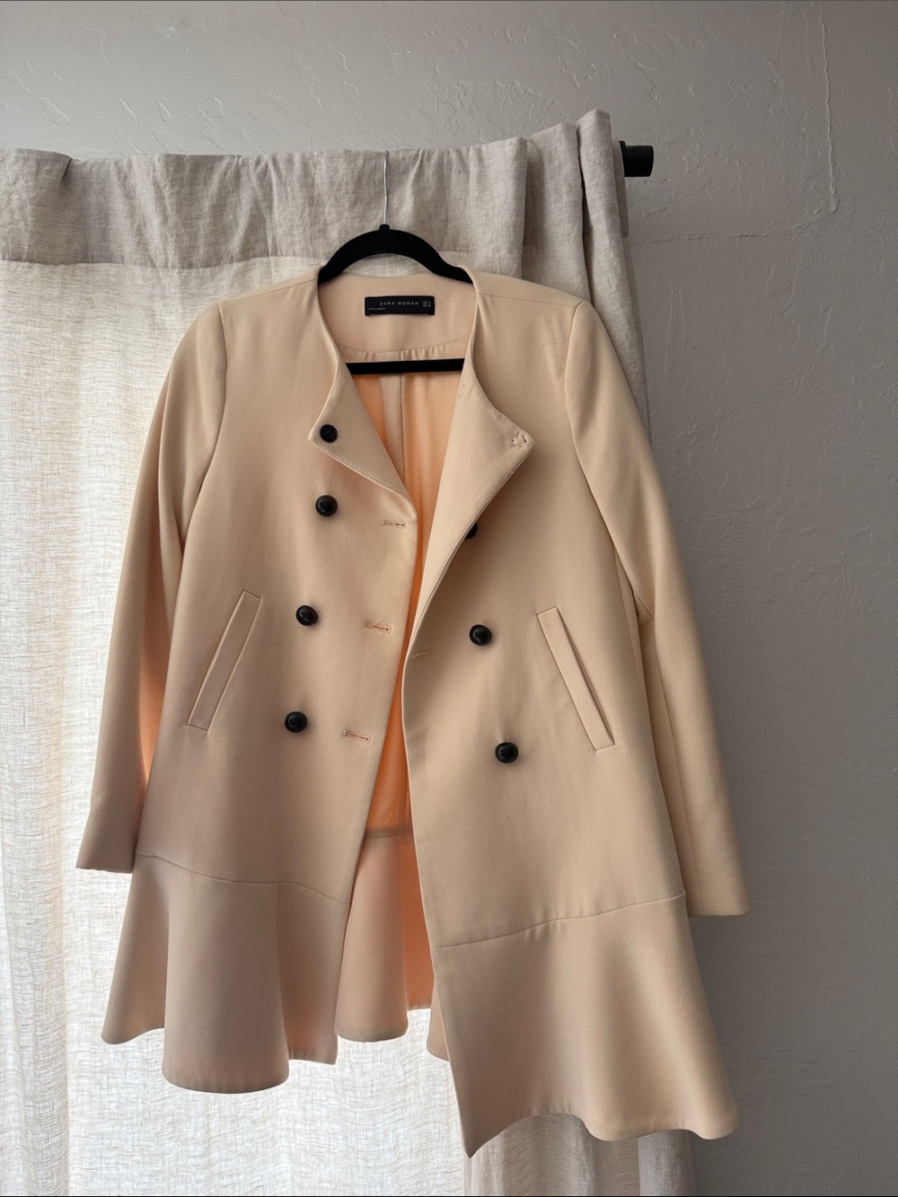 Zara Cream Double-Breasted Pea Coat with Black Buttons